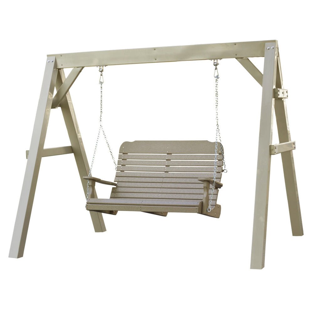 Weatherwood poly 4 foot easy porch swing with wide slat back, flat arms and eye bolt hangers on white