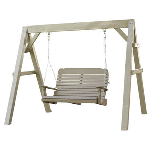 Weatherwood poly 4 foot easy porch swing with wide slat back, flat arms and eye bolt hangers on white