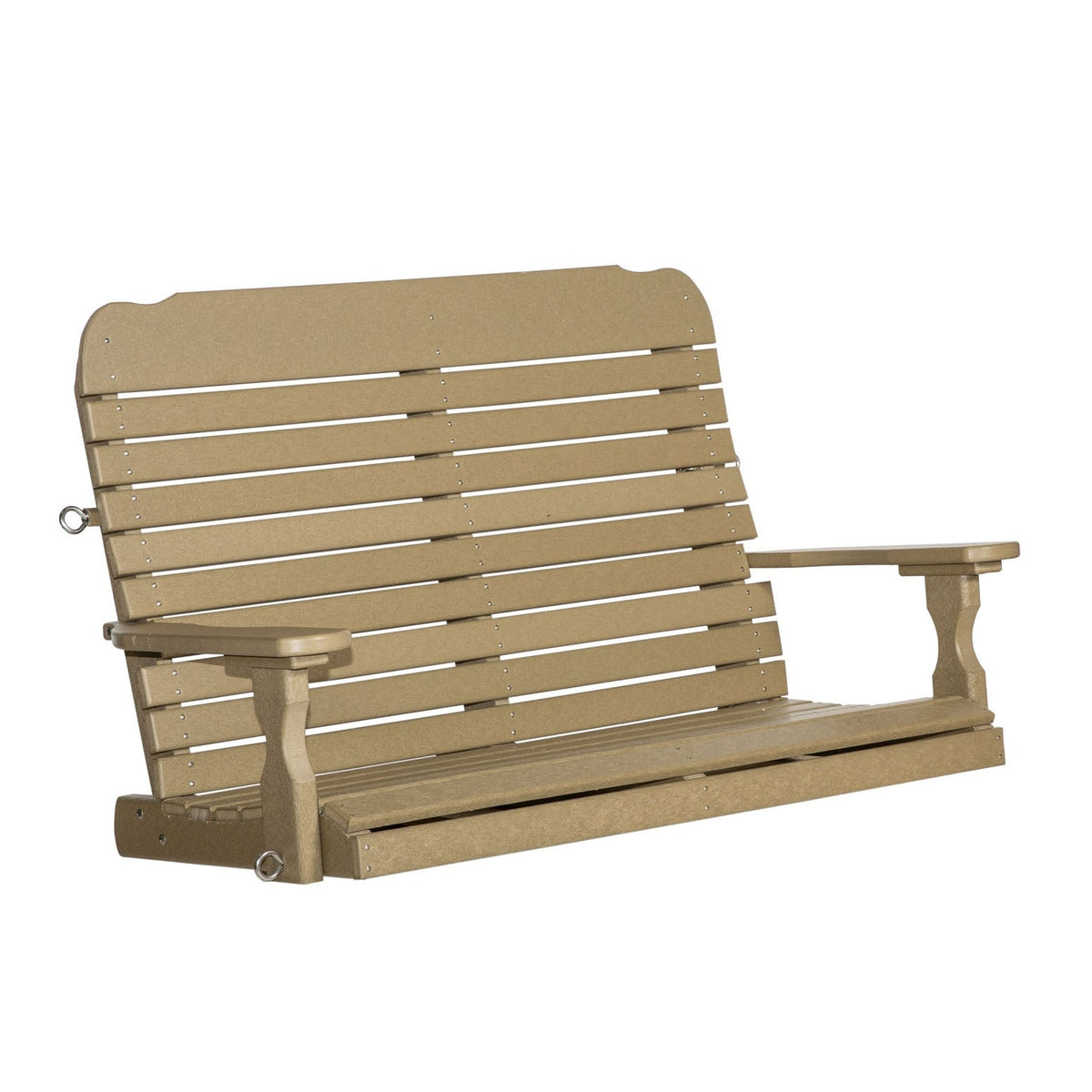 Weatherwood poly 4 foot porch swing hanging from a matching tan A-frame stand on a white background