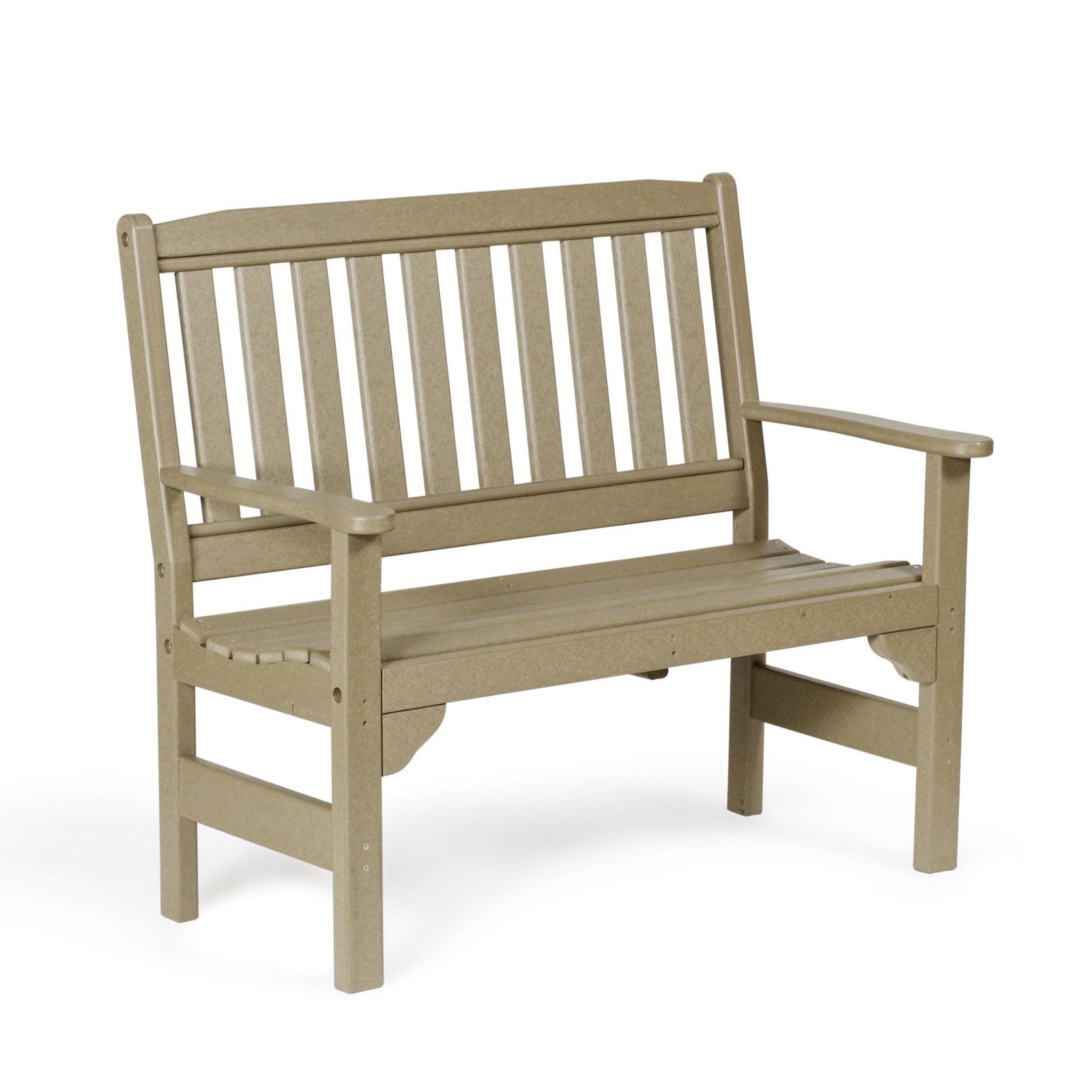 Cedar and brown poly English Garden 4 foot bench with vertical slat back beside a matching coffee table on pavers