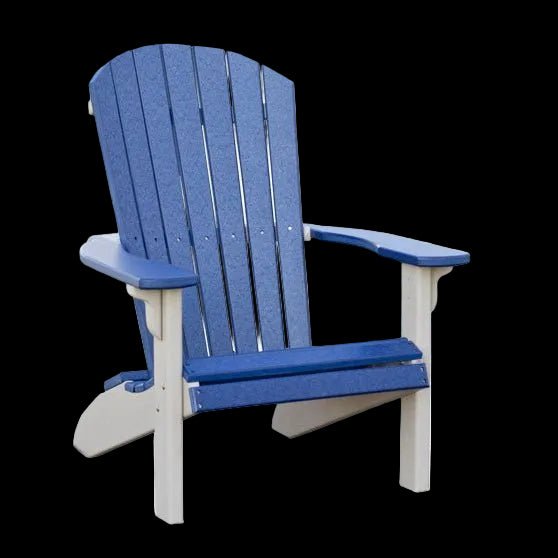Aruba blue poly Adirondack chairs with striped pillows and soda bottles on a white paver patio in a backyard