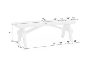 Dimension diagram of the poly garden bench showing 28, 42, 54 and 66 inch lengths at an 18 inch seat height