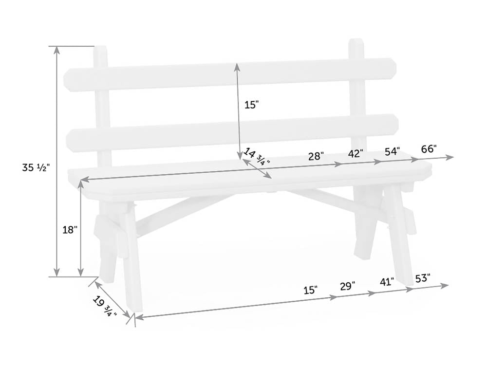 Dimension diagram of the backed garden bench: 35.5 inches tall, 18 inch seat height, 28 to 66 inch lengths