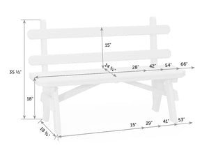 Dimension diagram of the backed garden bench: 35.5 inches tall, 18 inch seat height, 28 to 66 inch lengths