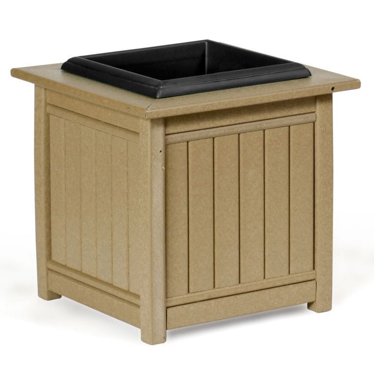 Tan poly square garden planter box with beadboard panels and a black plastic liner on a white background