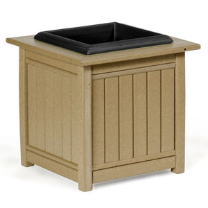 Tan poly square garden planter box with beadboard panels and a black plastic liner on a white background