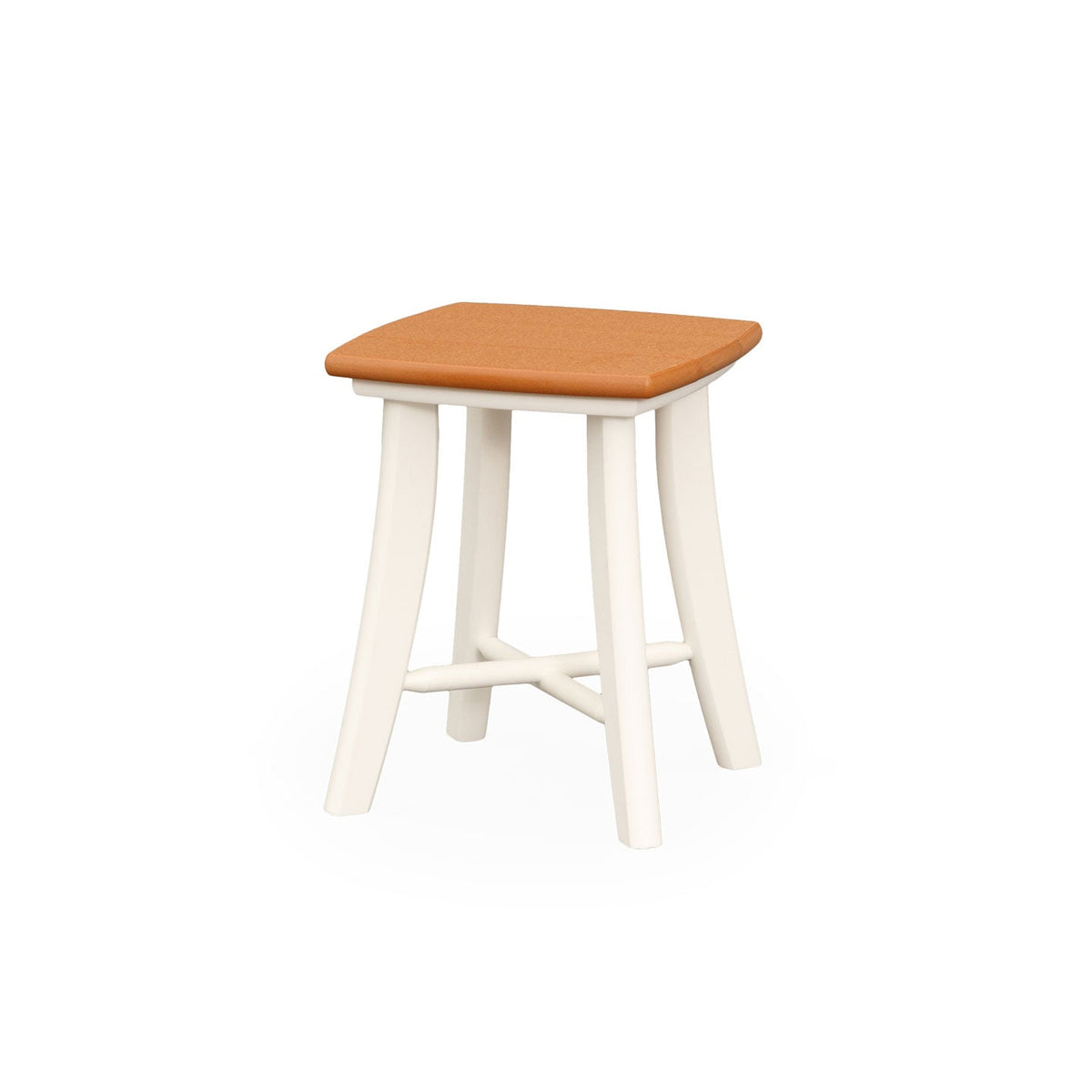 White poly side table with a cedar square top, flared legs and a cross shaped lower stretcher