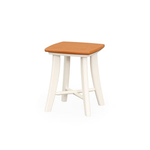White poly side table with a cedar square top, flared legs and a cross shaped lower stretcher