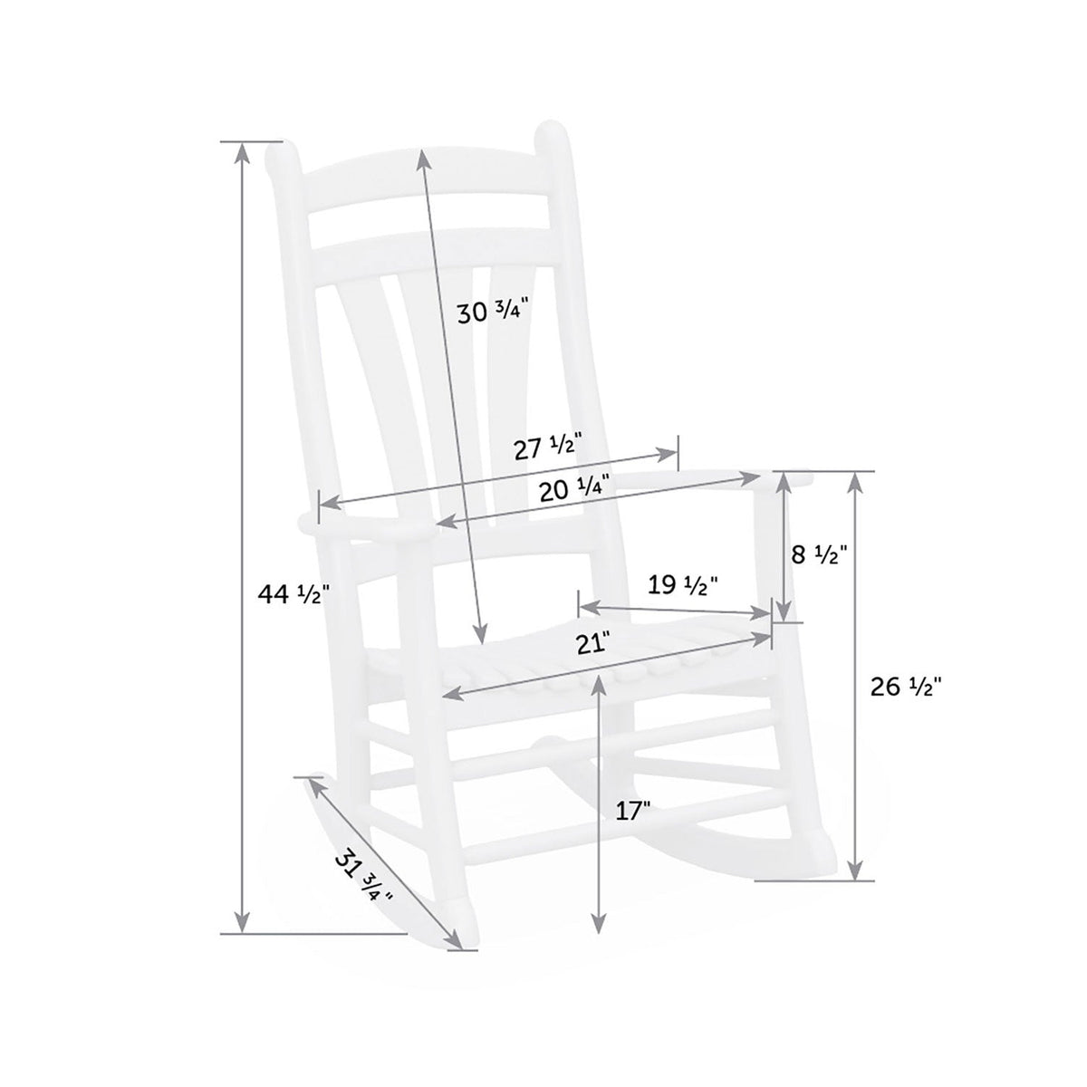 Dimension diagram of the rocking chair: 44.5 inches tall, 26.5 inch seat height and 21 inch wide seat