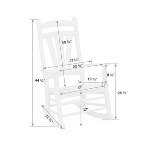 Dimension diagram of the rocking chair: 44.5 inches tall, 26.5 inch seat height and 21 inch wide seat