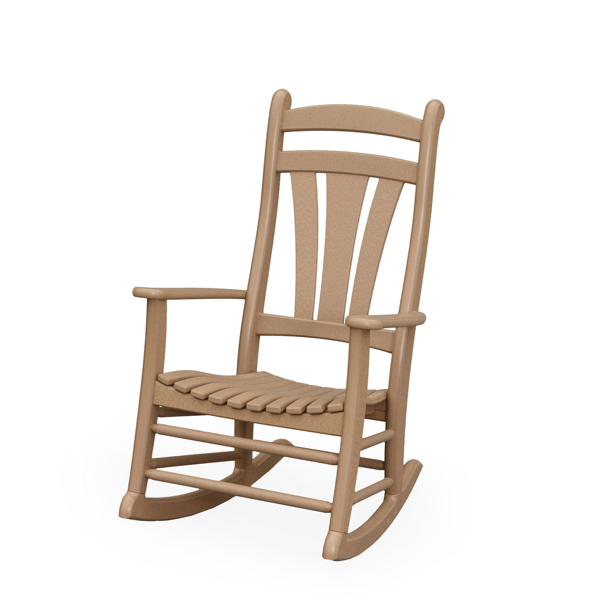Tan poly porch rocking chair with a fan back, gently curved arms and a slatted contoured seat