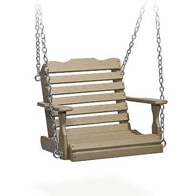 Tan poly kid's swing seat with curved back rail and short arms suspended from chains, studio photo