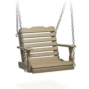 Tan poly kid's swing seat with curved back rail and short arms suspended from chains, studio photo
