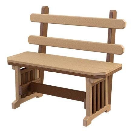 Cedar poly Mission bench with a two rail back, slatted trestle sides and a wide plank seat