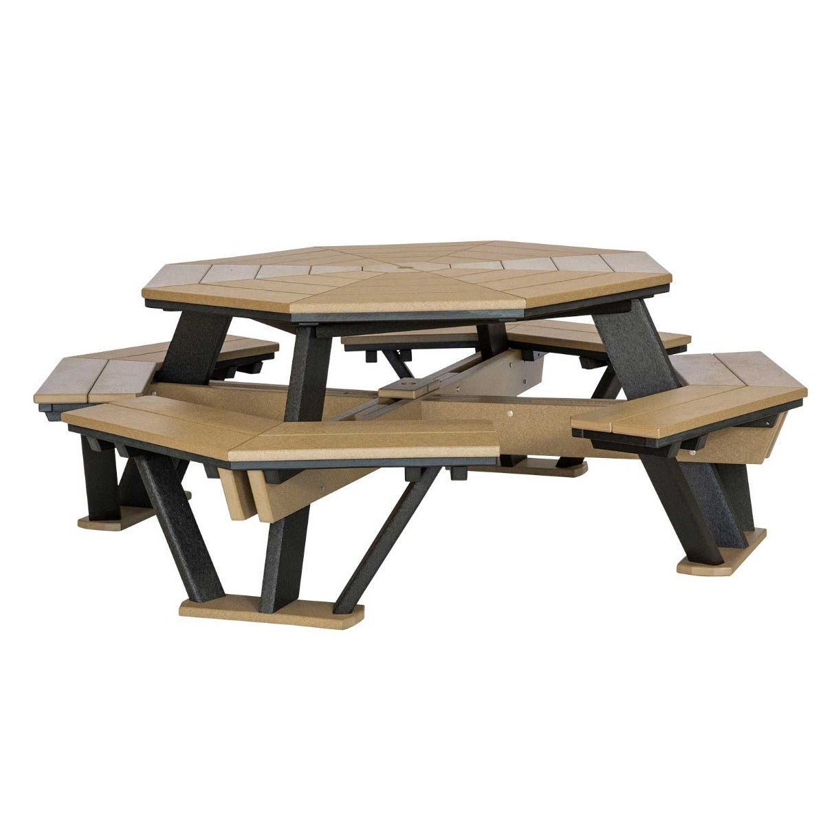 Octagonal weatherwood poly picnic table with black legs and four benches styled with flowers and lemonade