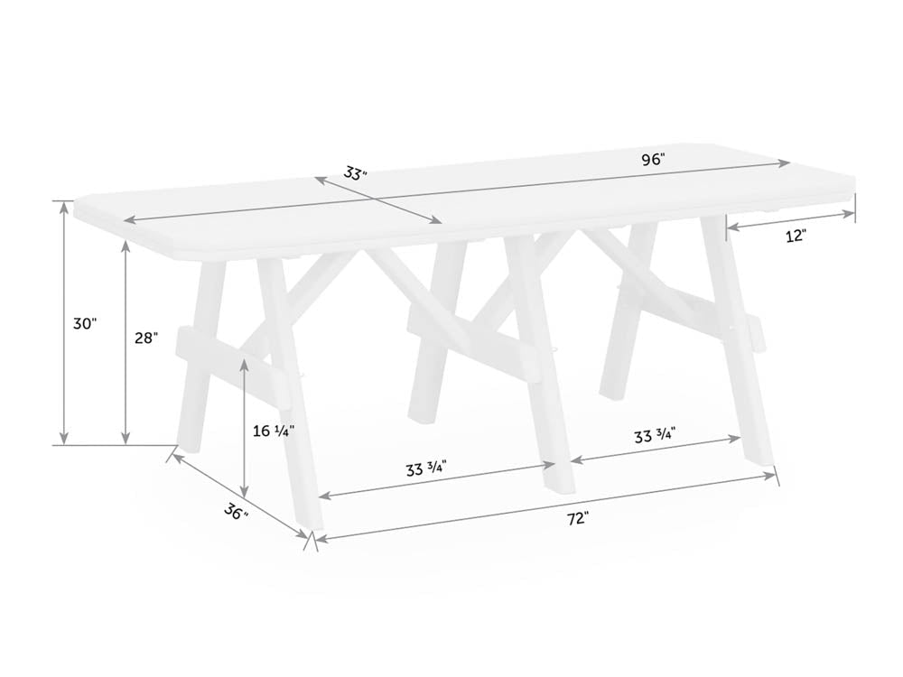 Measured drawing of the 96 inch long, 33 inch deep poly garden table with braced A frame legs