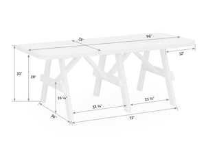 Measured drawing of the 96 inch long, 33 inch deep poly garden table with braced A frame legs