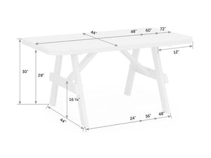 Dimension diagram of the 44 inch deep garden table available in 48, 60 and 72 inch lengths at 30 inches tall