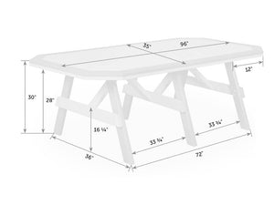 Measured drawing of the 96 by 35 inch bordered poly garden table standing 30 inches tall