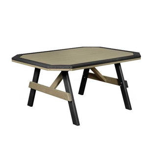 Weatherwood and black poly garden table with clipped corners, a black bordered top and braced A frame legs