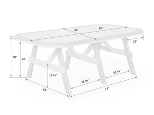 Dimension diagram of the bordered garden table: 96 by 46 inch top, 30 inches tall, 33.75 inch leg spacing