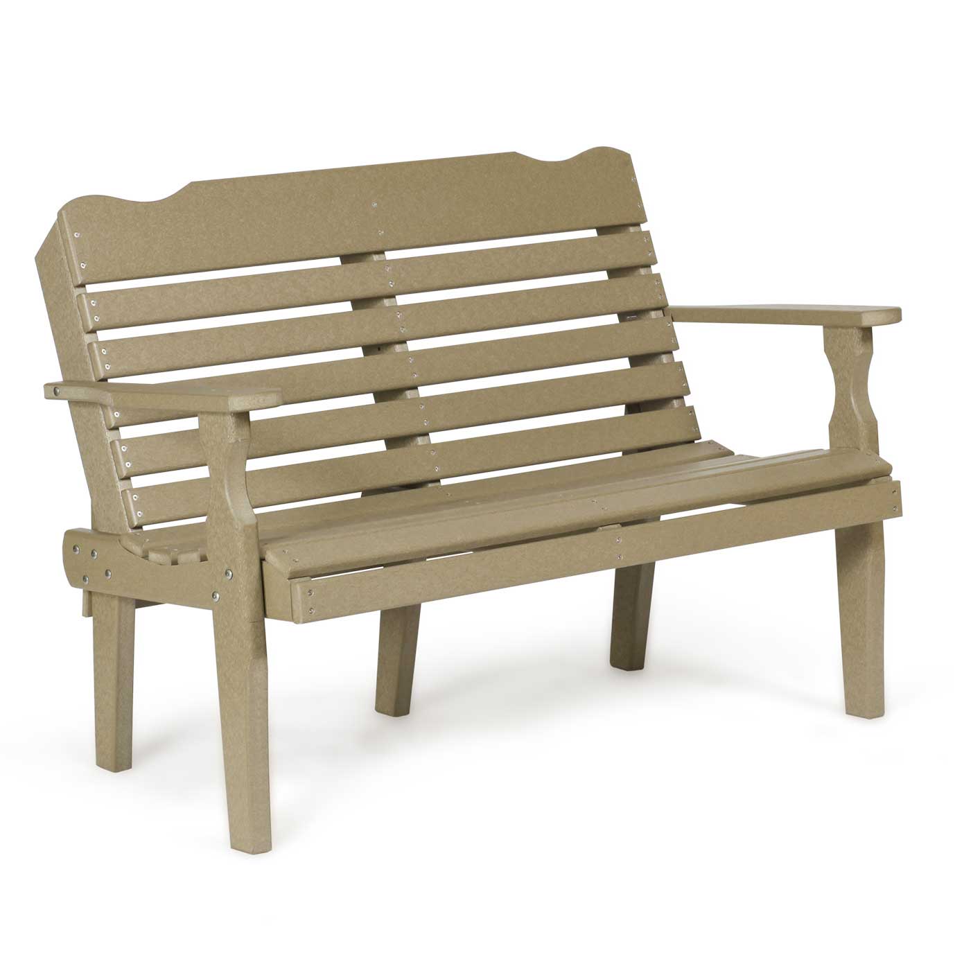 Weatherwood and black poly West Chester 4 foot patio bench with curved slat back and arms on a paver patio