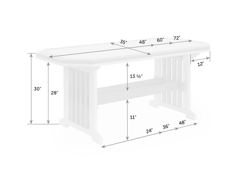 Dimension diagram of the rounded-end patio table: 35 inch width, 30 inch height and 48, 60 or 72 inch length options
