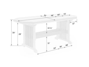 Dimension diagram of the rounded-end patio table: 35 inch width, 30 inch height and 48, 60 or 72 inch length options