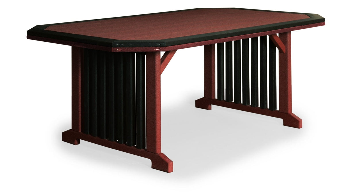 Cherrywood poly patio dining table with black border trim, black slat trestle panels and angled corner brackets