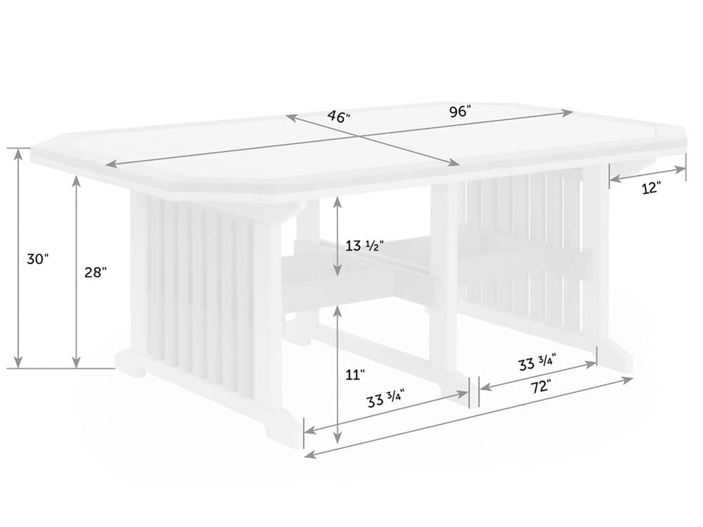 Dimension diagram of the 96 inch bordered patio table: 46 inch width, 30 inch height, 28 inch top and 12 inch overhang