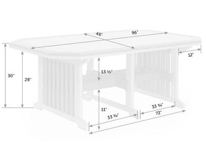 Dimension diagram of the 96 inch bordered patio table: 46 inch width, 30 inch height, 28 inch top and 12 inch overhang