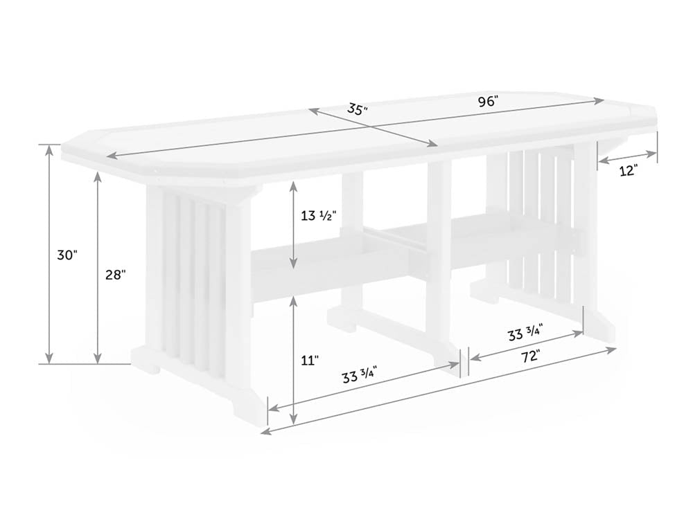 Dimension diagram of the 96 by 35 inch patio dining table showing 30 inch overall height and 11 inch base clearance