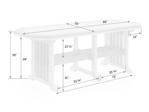 Dimension diagram of the 96 by 35 inch patio dining table showing 30 inch overall height and 11 inch base clearance