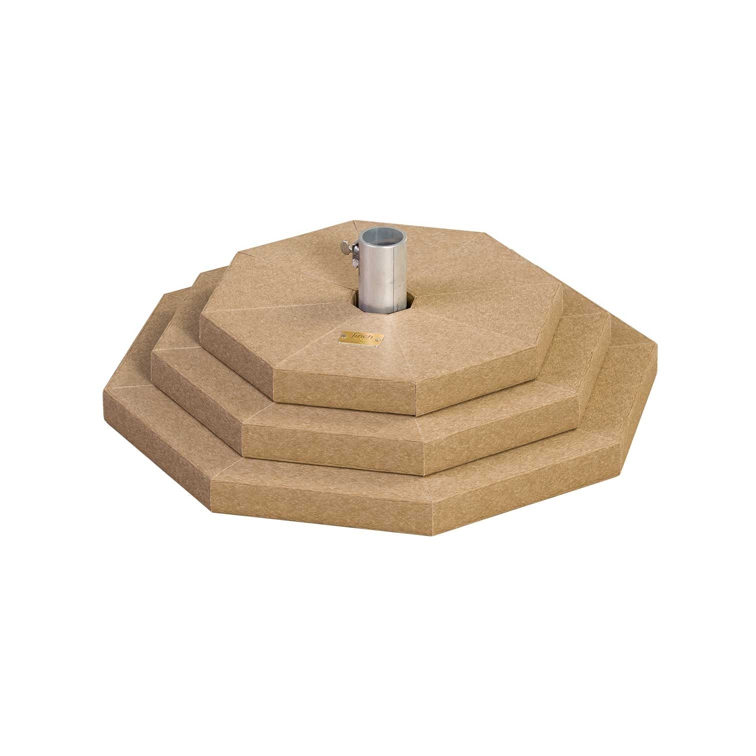 Three-tier octagon poly umbrella base in tan with stainless steel center sleeve, shown on a white background
