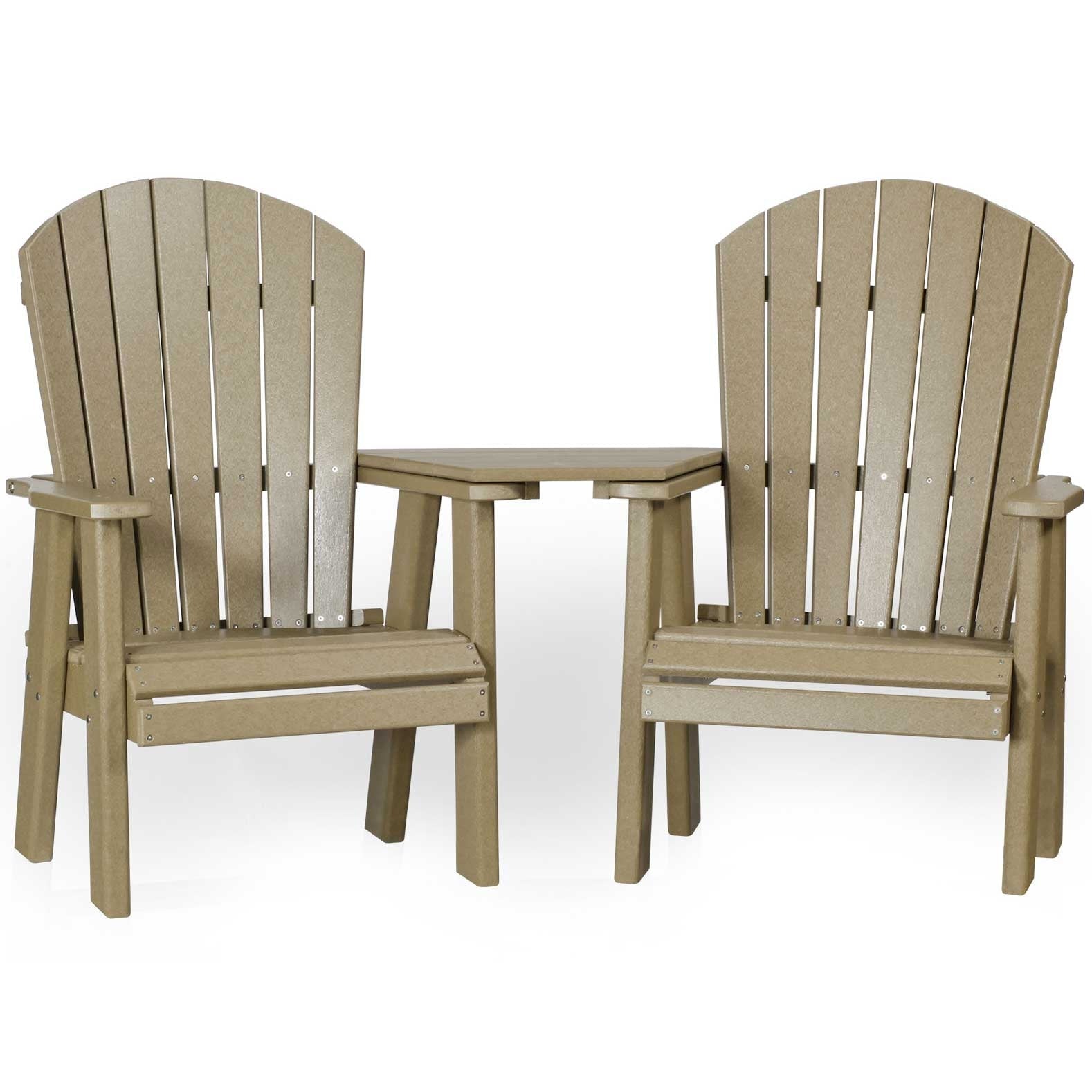 Two cedar and burgundy poly upright Adirondack chairs joined by a shared corner table on a stone patio