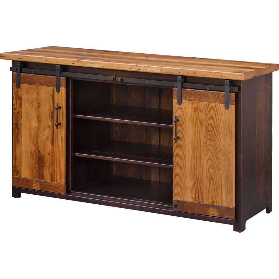 Reclaimed wood tv stand with both barn doors slid open showing three adjustable shelves and a honey plank top