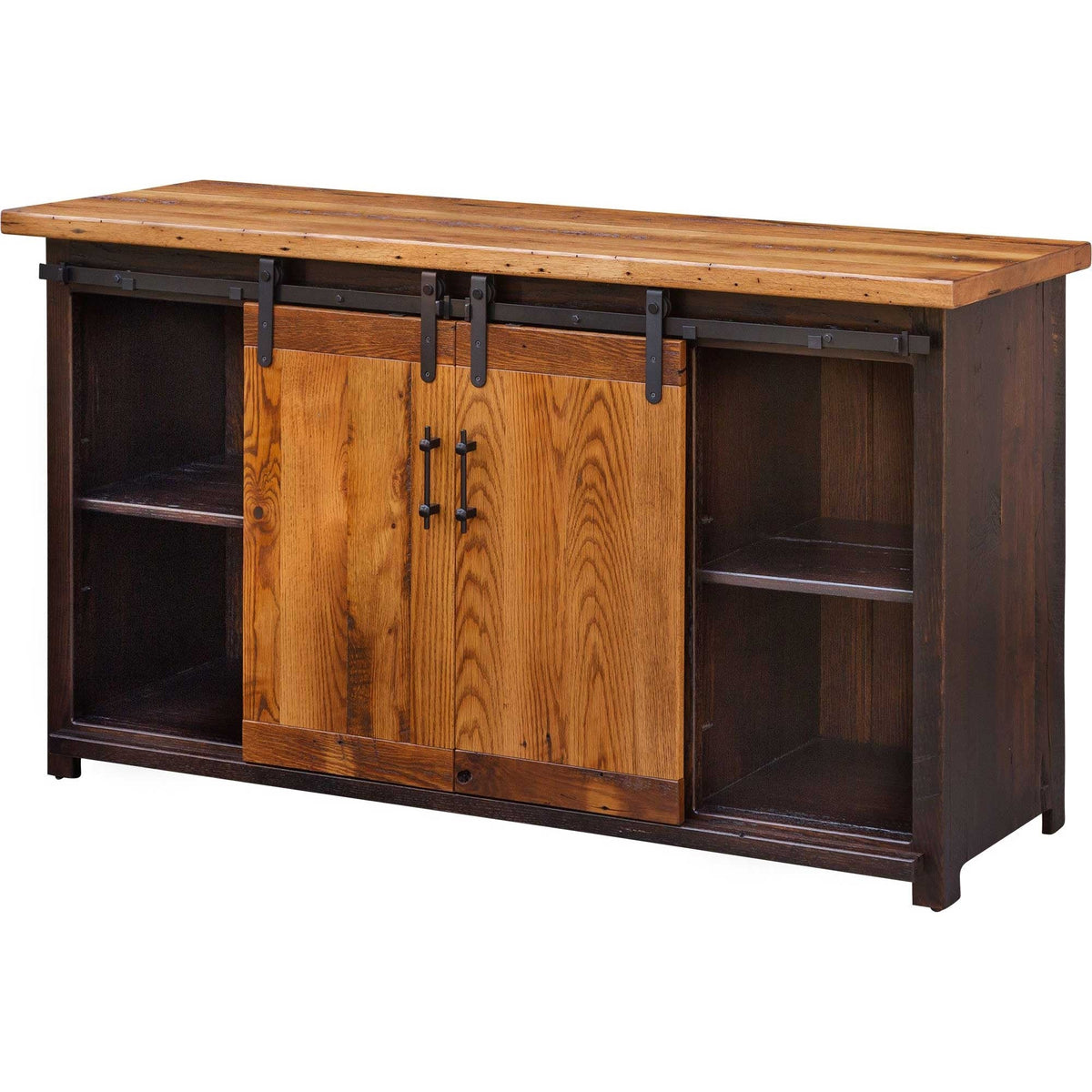 Two tone tv console with paired sliding barn doors closed at center and open shelving at each end