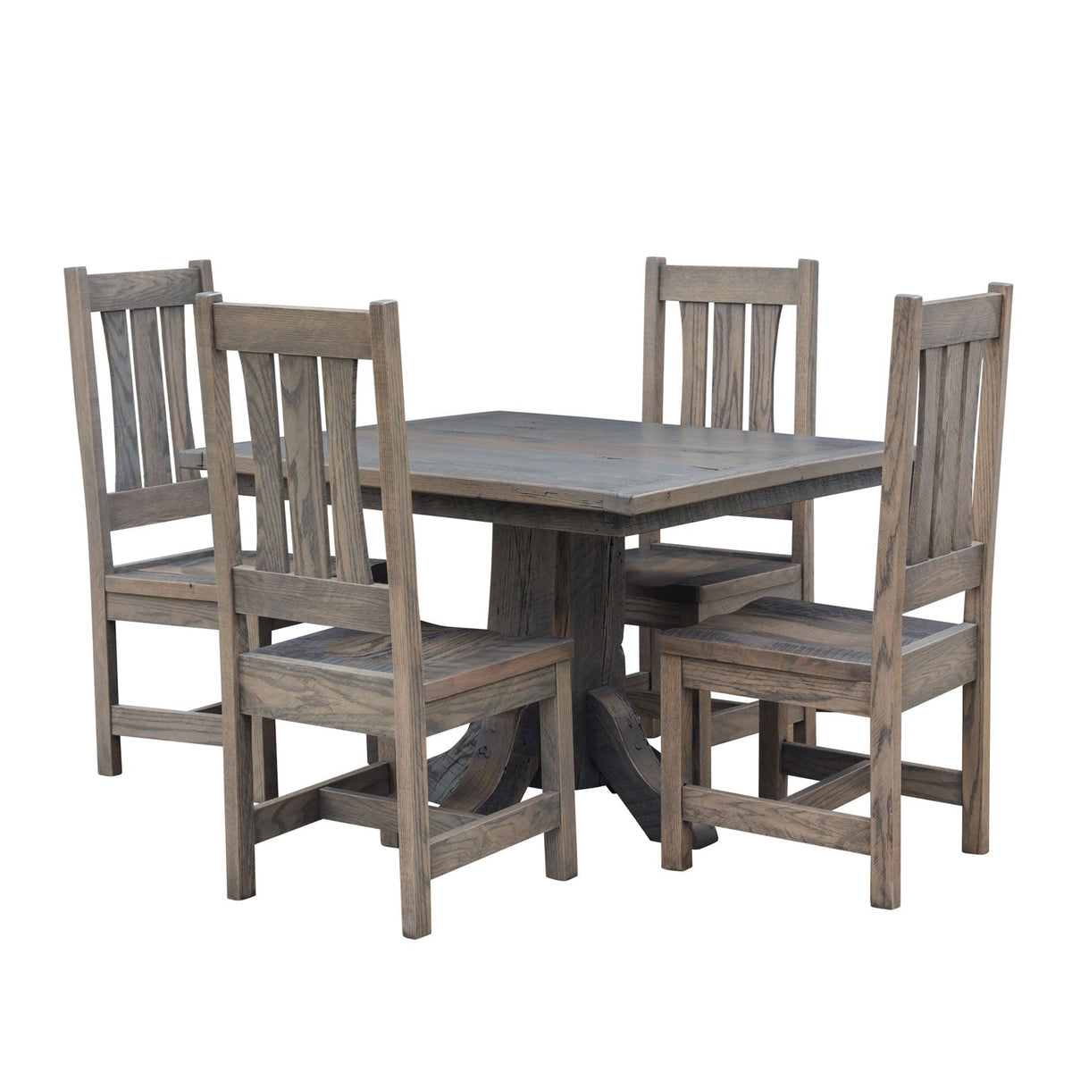 Weathered gray square pedestal table with four matching slat back dining chairs on a white background