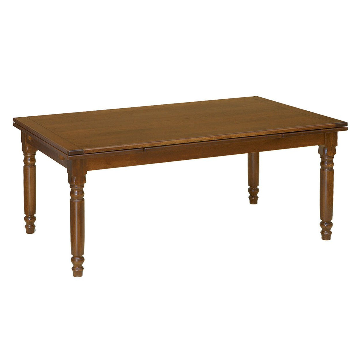 Rectangular draw leaf dining table in a warm cherry finish with turned country legs on a white background