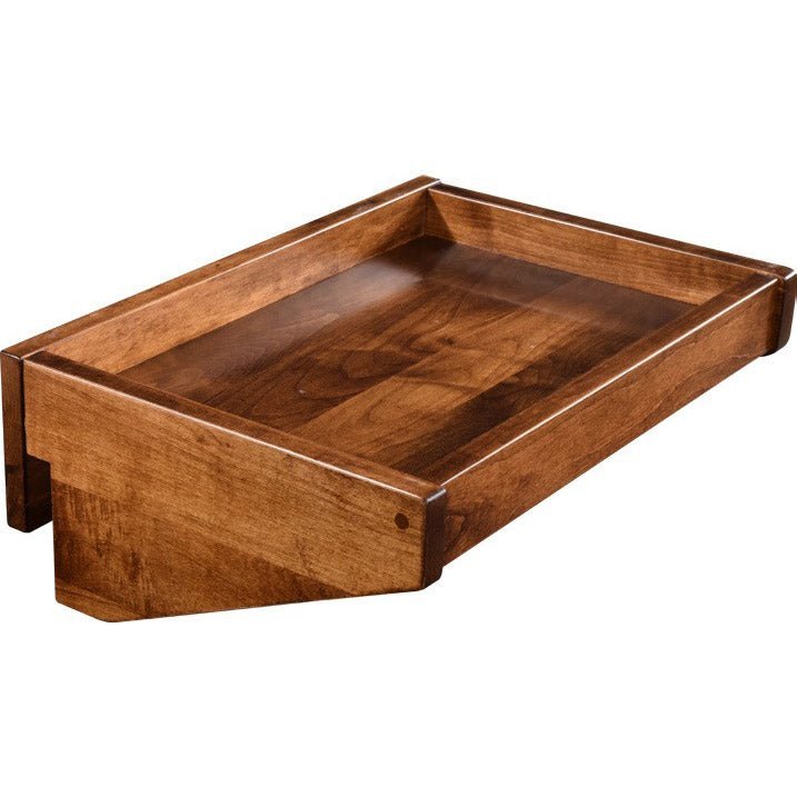 Hang on wooden nightstand tray in a medium walnut finish with raised sides and mounting cleats