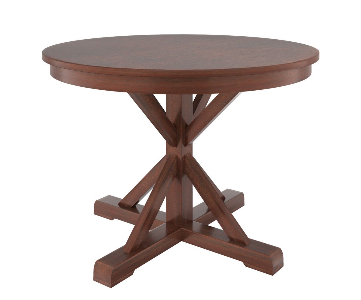 Round pedestal dining table in warm brown with a cross braced trestle pedestal and four footed base