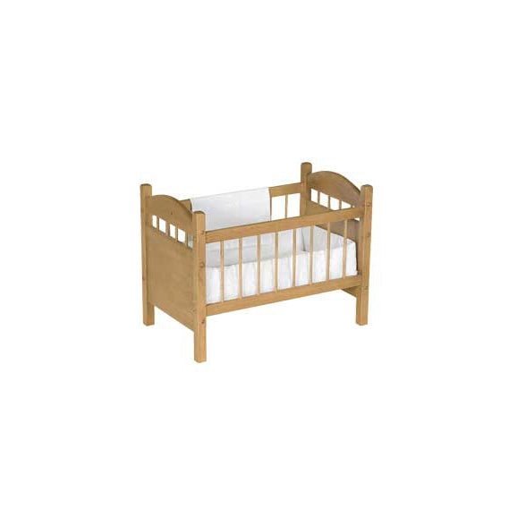 White wooden doll crib with arched head and foot panels, spindle rails and pink polka dot bedding with a bumper