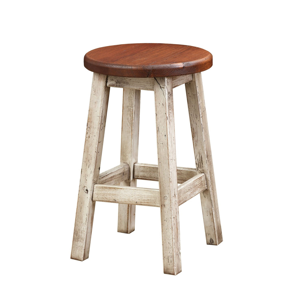 Backless round bar stool with a rich stained seat and distressed white splayed legs with box stretchers