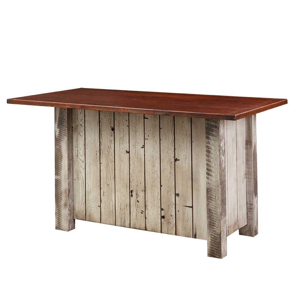 Back view of the whitewashed kitchen island showing weathered vertical planks and a stained overhanging top