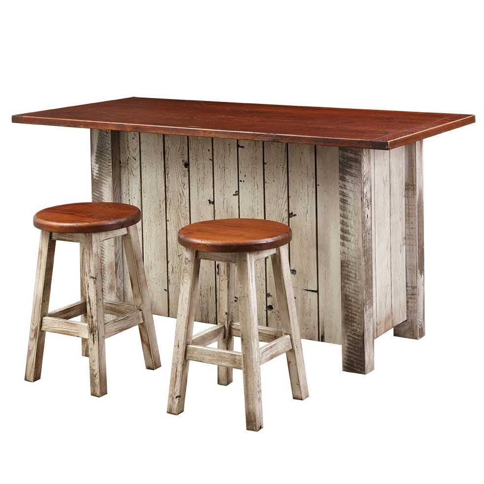 Rustic kitchen island in distressed white with a stained top and two round backless reclaimed wood stools
