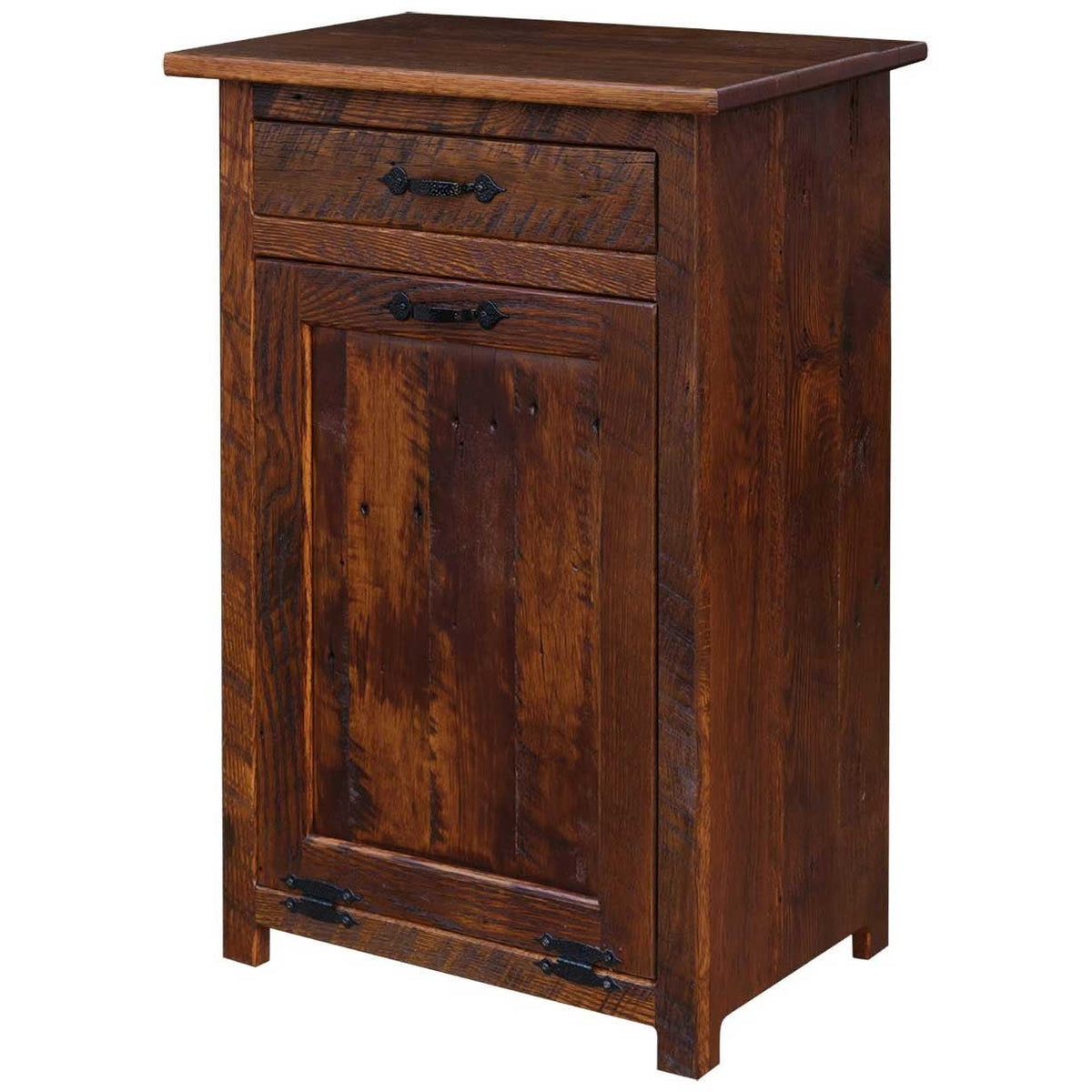 Reclaimed oak tilt out trash bin cabinet with a top drawer, paneled door and black iron hardware