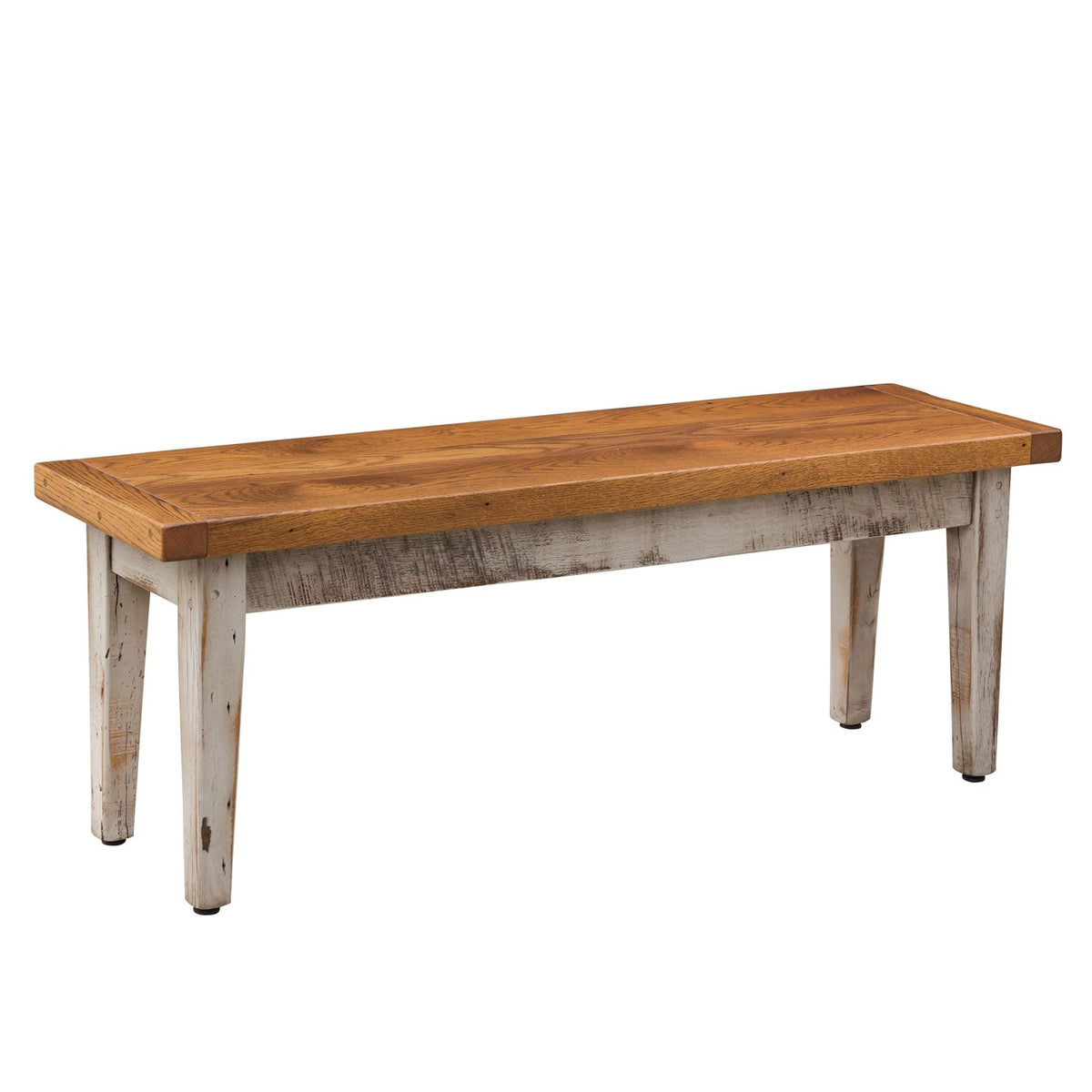 Reclaimed wood farm dining bench with a honey stained plank top and distressed white painted square tapered legs on a white background