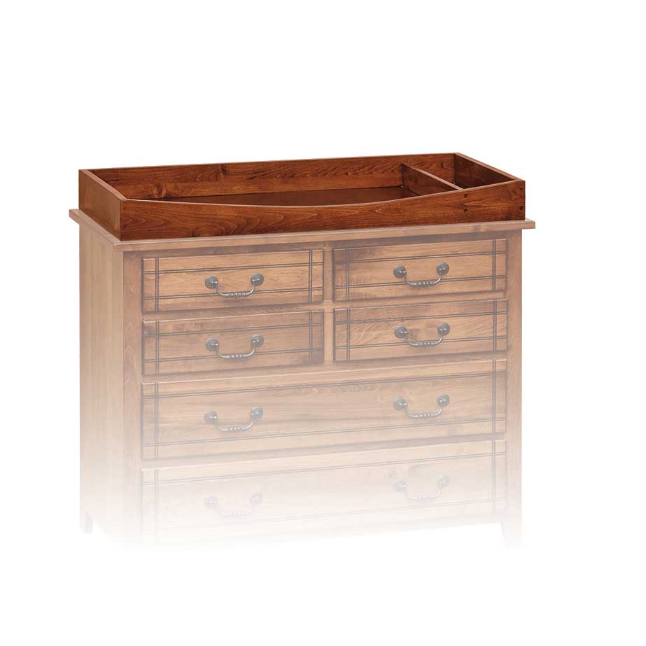 Removable 42 inch changing station tray in cherry with a divider, shown on top of a wood dresser
