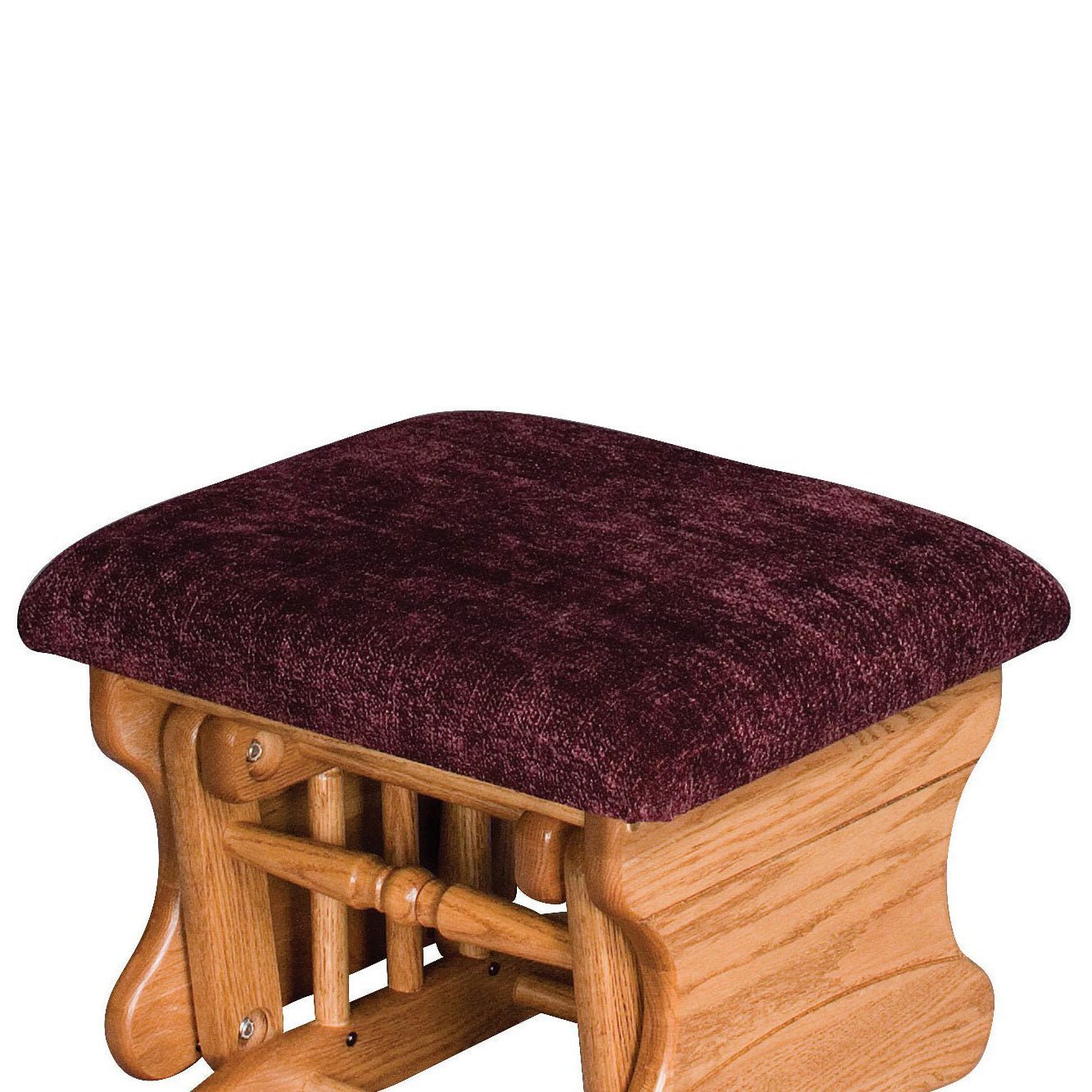 Oak glider ottoman topped with a plush burgundy chenille replacement cushion on a white background