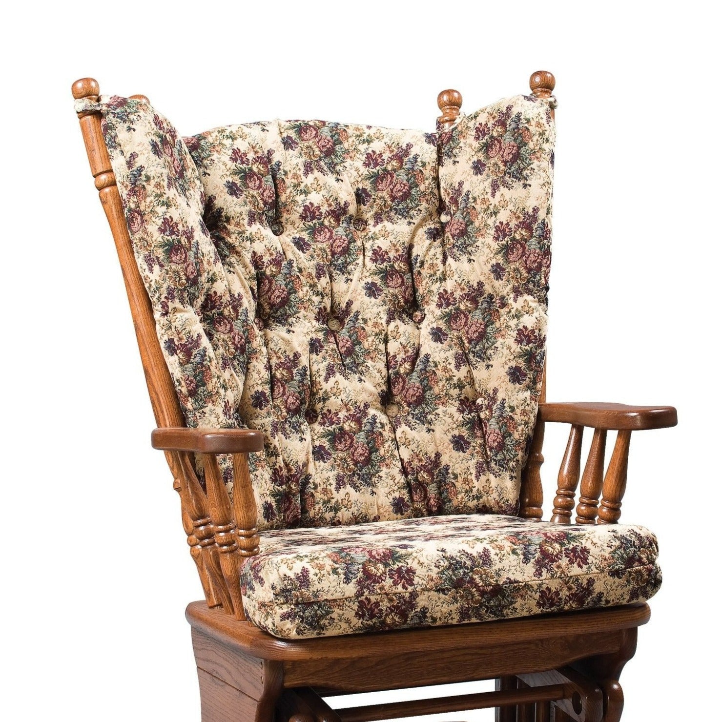 Oak glider rocker fitted with tufted floral tapestry replacement cushions in rose and cream tones